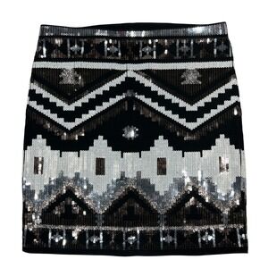 Express Sequin Geometric Aztec Mini Skirt XS Black Silver My Scene Indie Sleaze